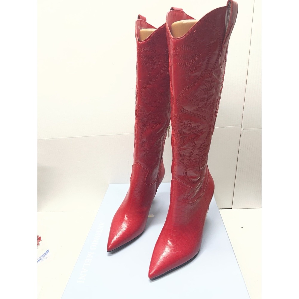 Antonio Melani Red Leather High Heel Tall Boots Women's Size 8 EUC